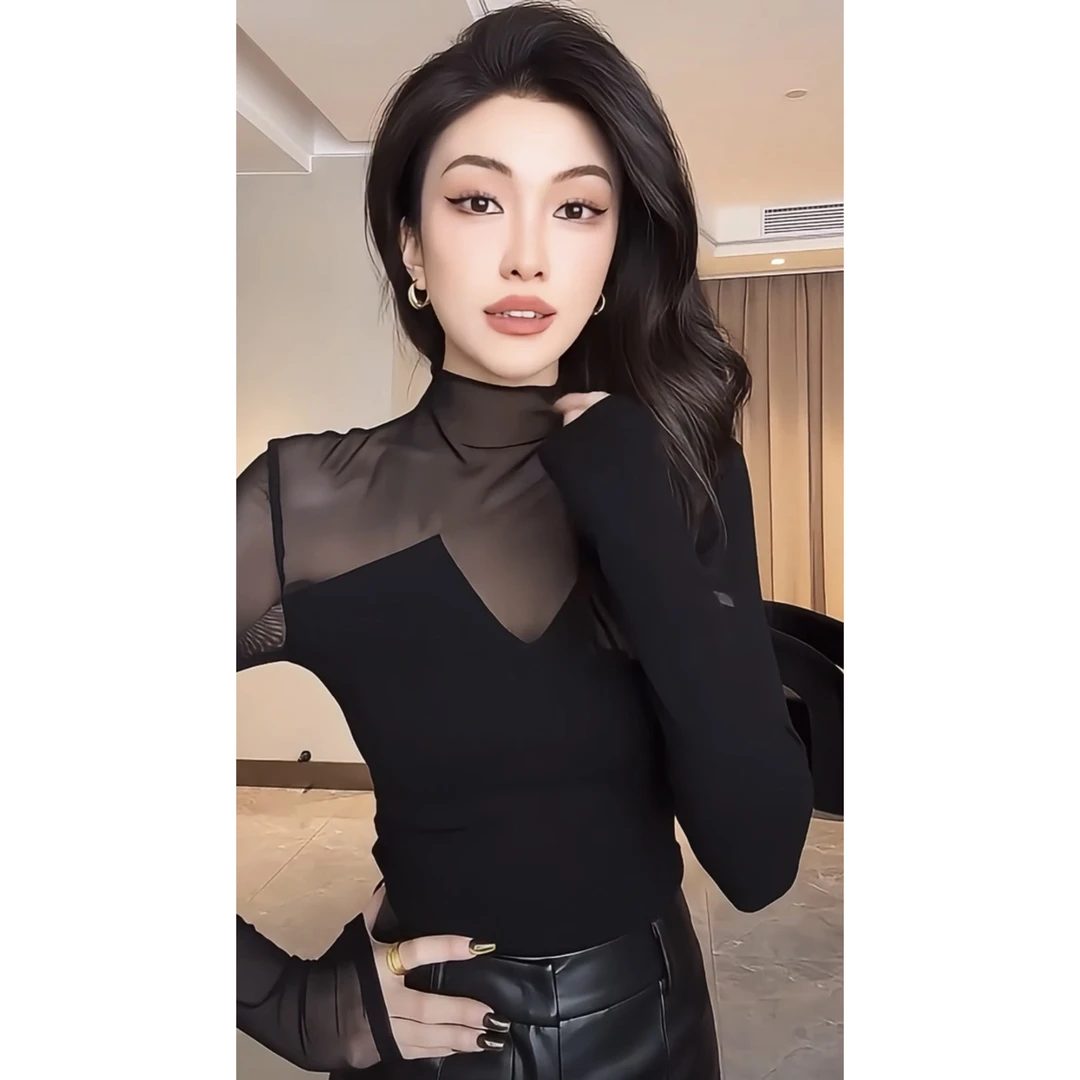 2025春秋气质洋气时尚网纱T恤黑色网红女百搭修身显瘦打底衫