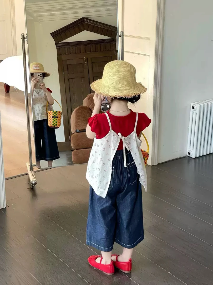 女童夏装新款田园风碎花蕾丝吊带罩衫T恤女孩阔腿牛仔裤套装洋气