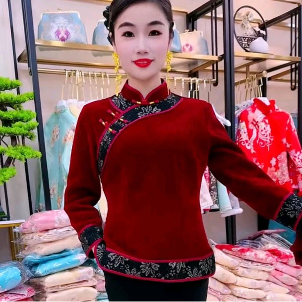 (BB26)加绒旗袍上衣女秋冬新款长袖宽绣花花边显瘦复古中国风