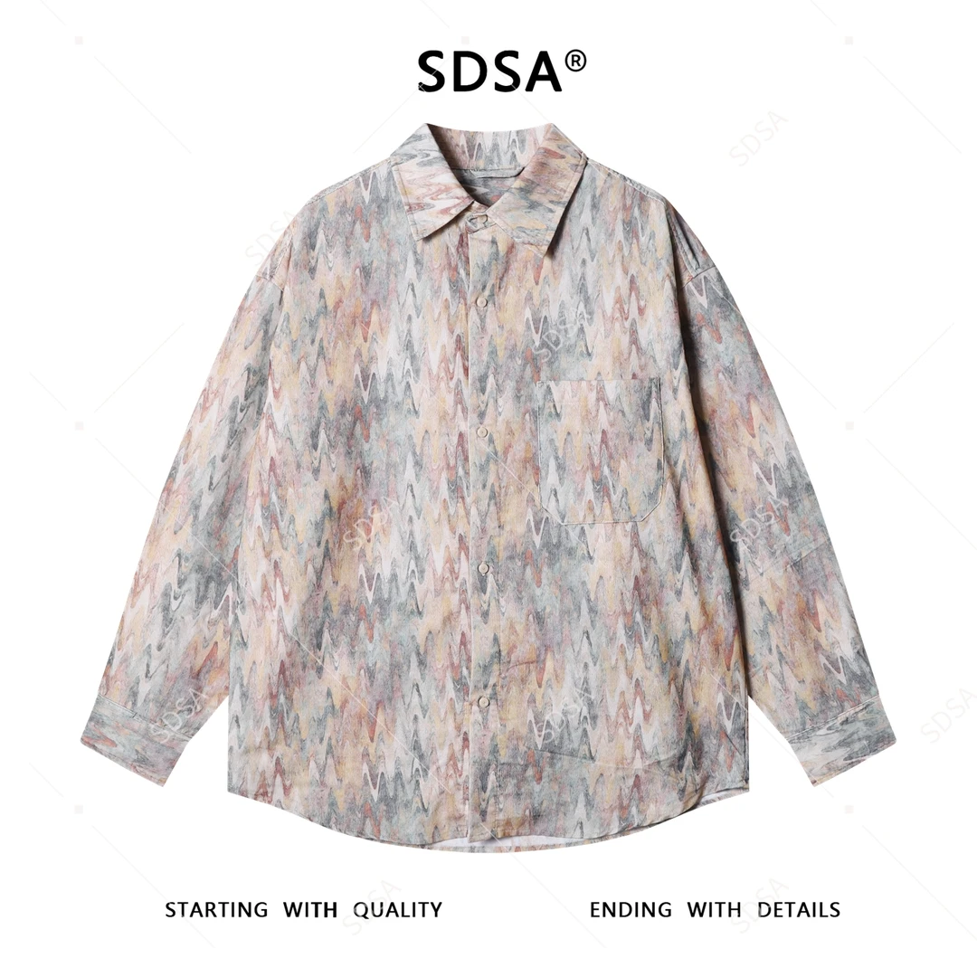 SDSA秋冬新款痞帅男装韩版扎染纽扣翻领长袖衬衫复古百搭情侣衬衣