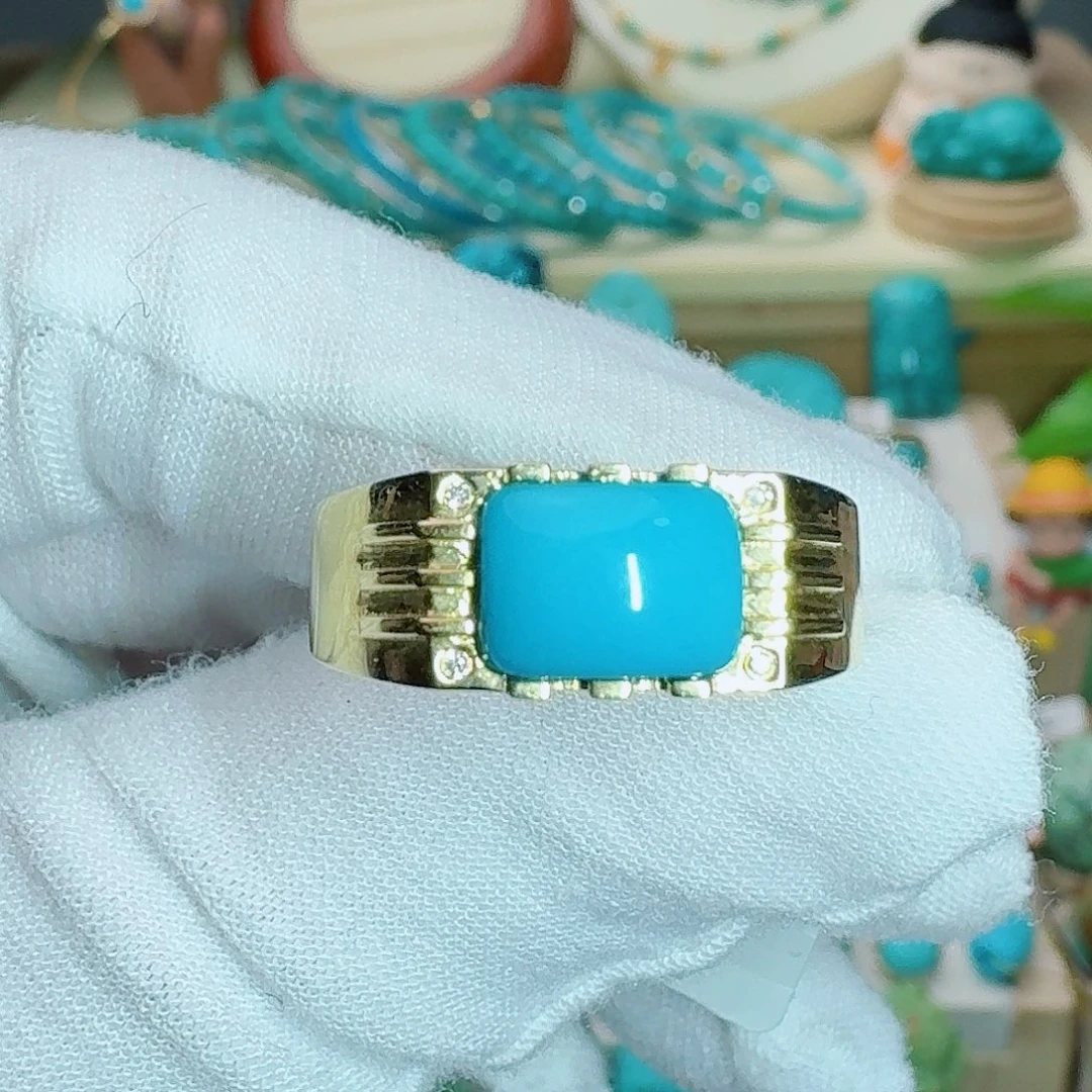 绿松石18K金镶嵌珠宝奇石玉华蓝戒指