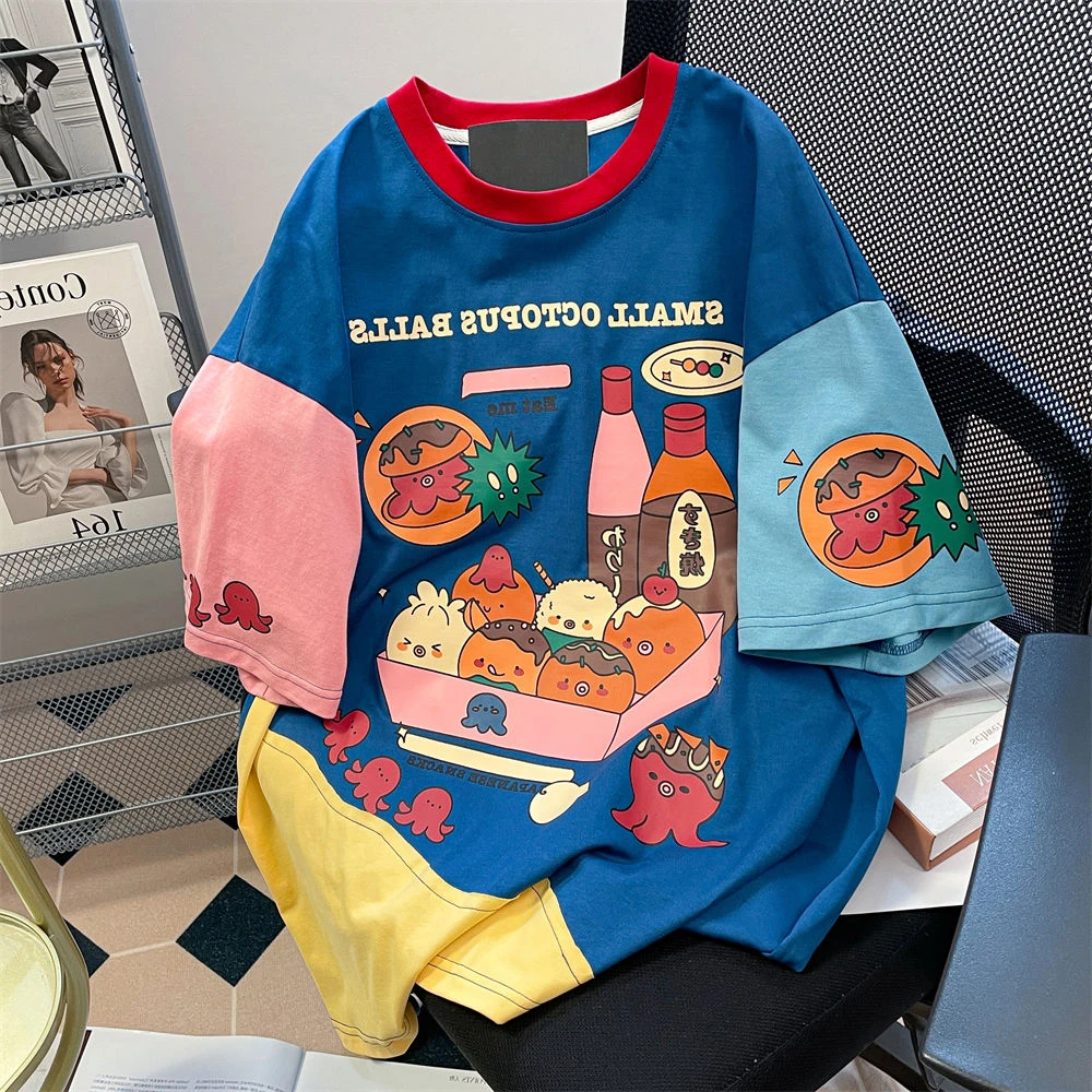 大码300斤日系拼色减龄卡通短袖纯棉t恤男女夏季宽松情侣体恤上衣