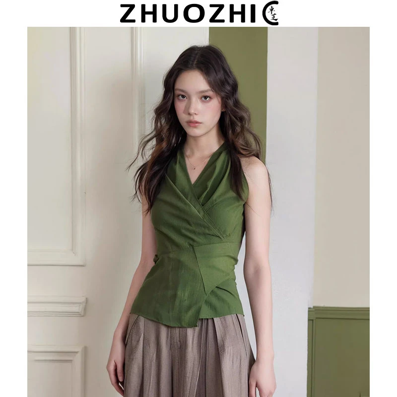 法式绿色无袖衬衫女夏季2025新款设计感小众绑带别致V领背心上衣