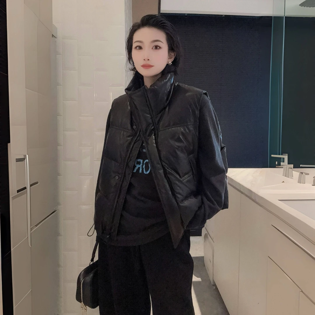 YUXI▪2025冬季新款立领韩版PU皮羽绒马甲女