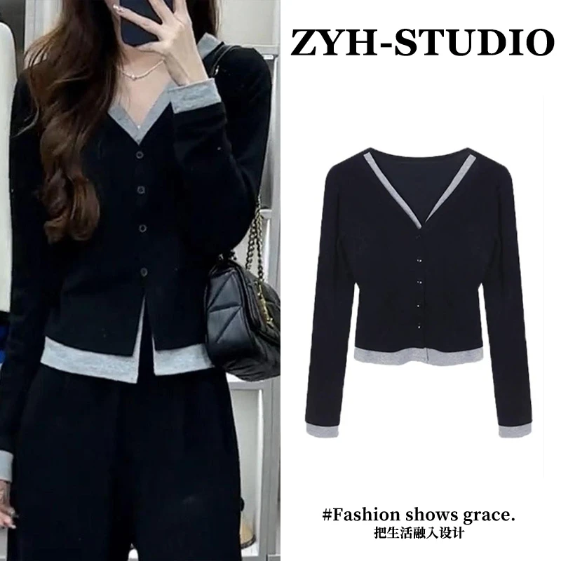 气质假两件V领针织开衫女士2025年秋冬新款小个子短款洋气T恤长袖