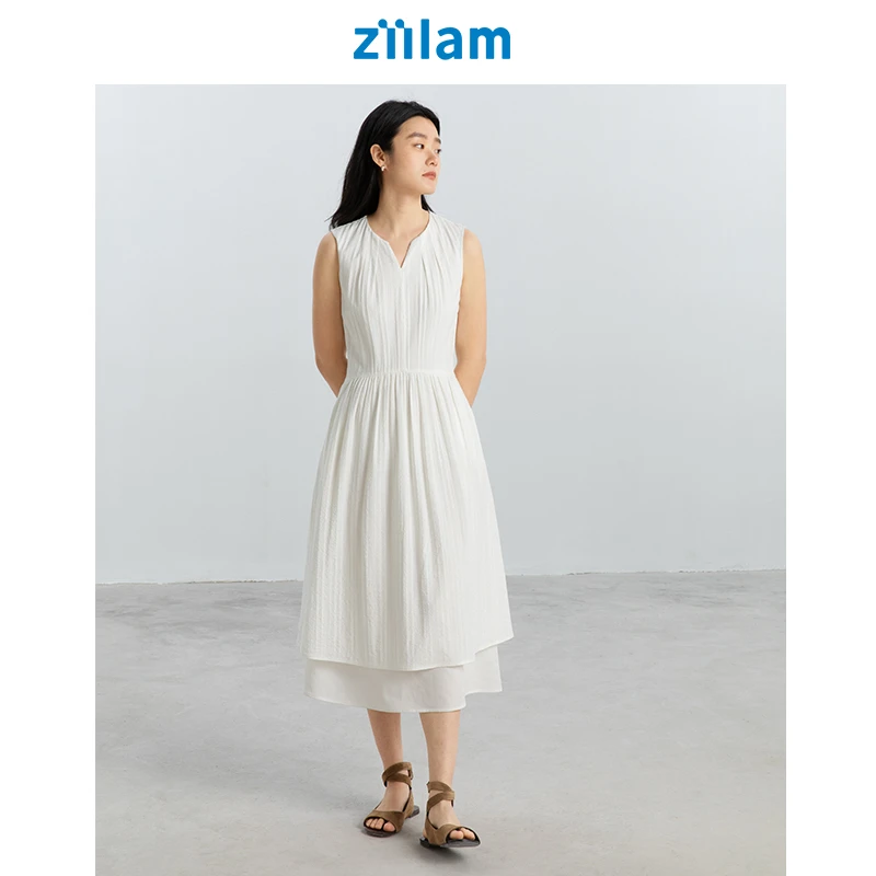 ziilam枝蓝 无袖肌理连衣裙女款简约百搭法式夏季轻薄白色连衣裙