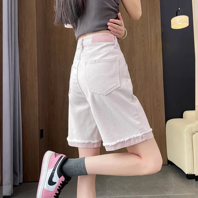 粉色毛边牛仔短裤女夏季薄款高腰宽松显瘦百搭小个子直筒五分中裤