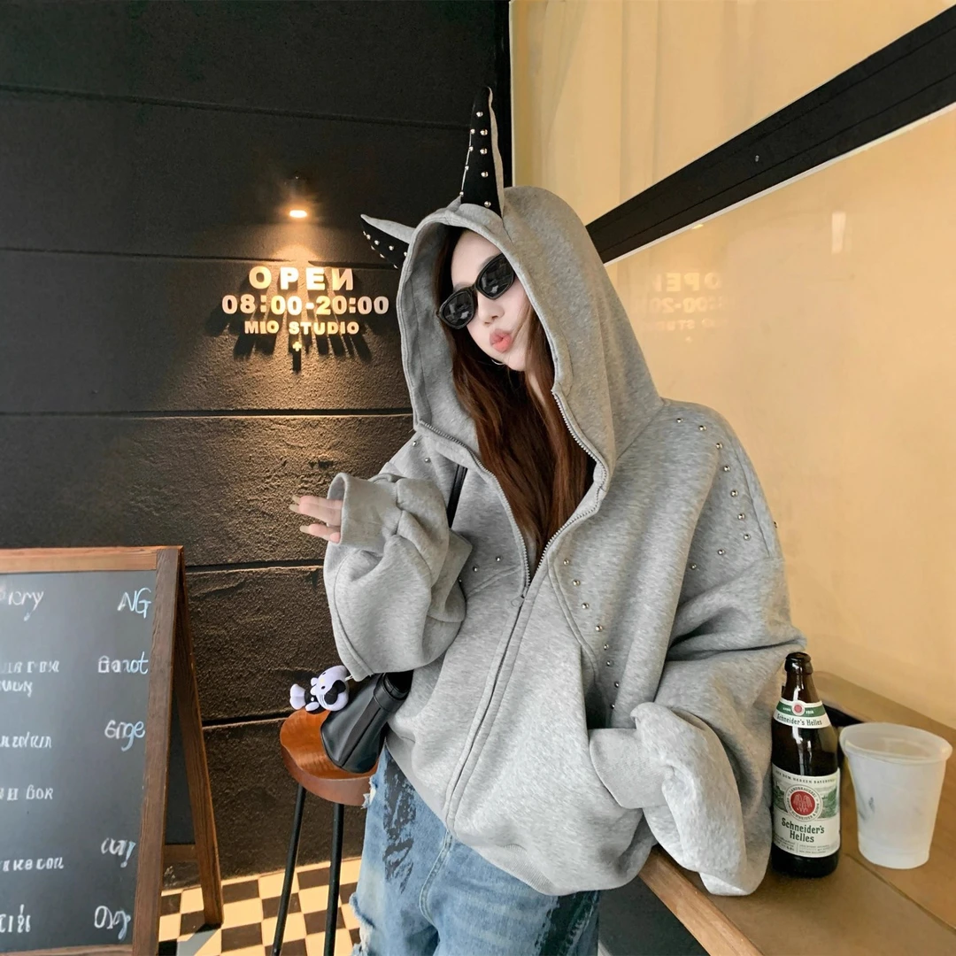美式复古灰色连帽卫衣外套女秋季2025新款休闲宽松显瘦慵懒风