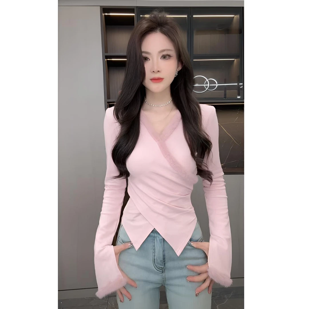 睿夕【茸软泡芙】设计感拼接毛茸V领长袖不规T恤加绒上衣