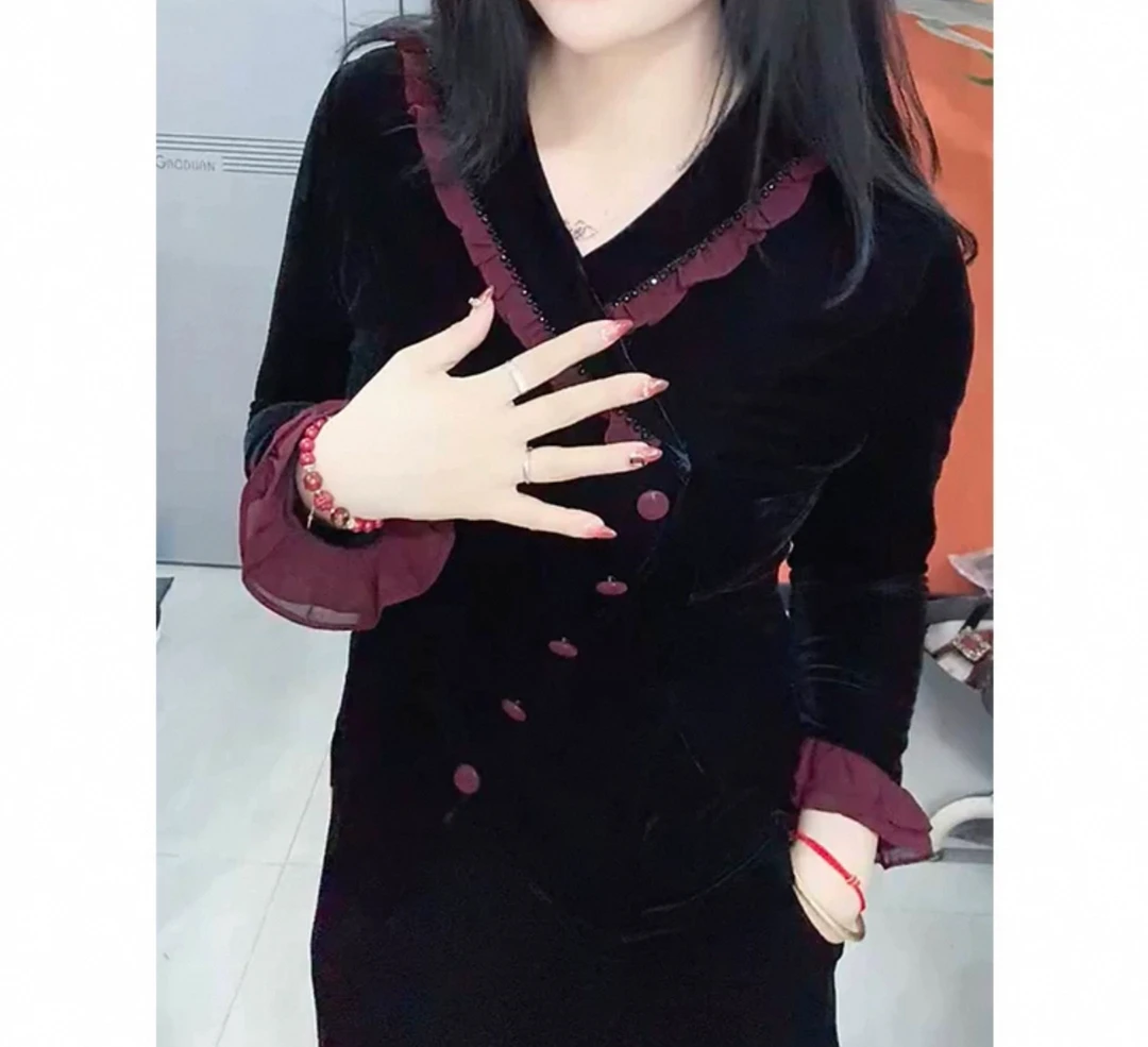 3068中老年高端金丝绒套装长袖女上衣春秋新款衬衫妈妈装洋气小衫