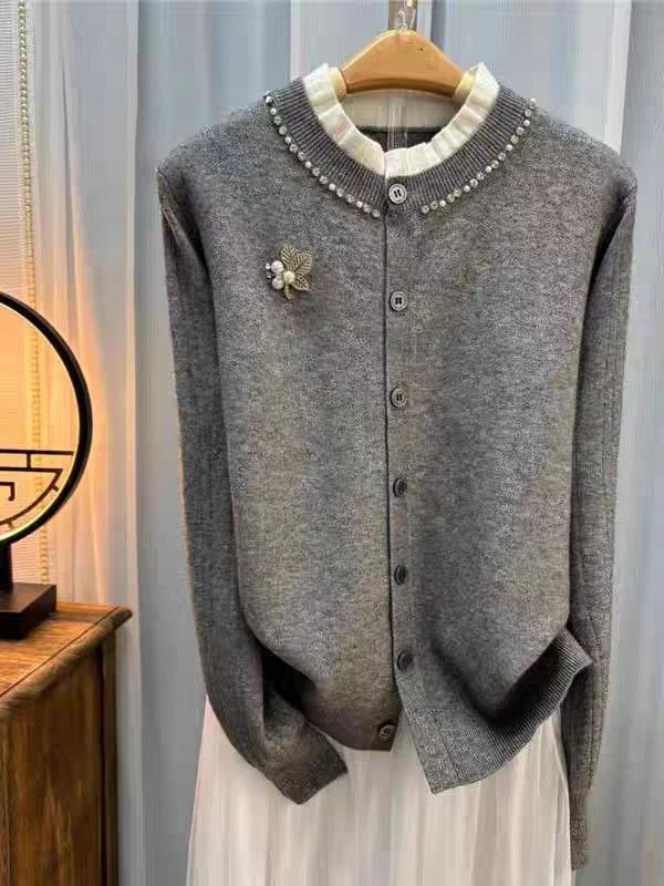 大码秋冬新款开衫外套百搭休闲针织衫时尚毛衫翻领毛衣女加厚上衣