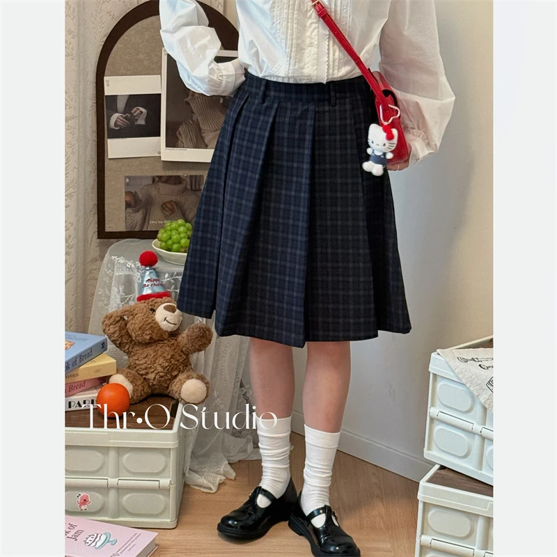 【奶乖学院】复古学院风格子百褶半裙高腰显瘦百搭a字裙