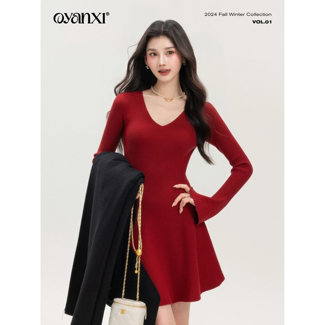 【欧阳喜OYANXI】微醺探戈&冬季纯色V领收腰显瘦A字连衣裙227L1130