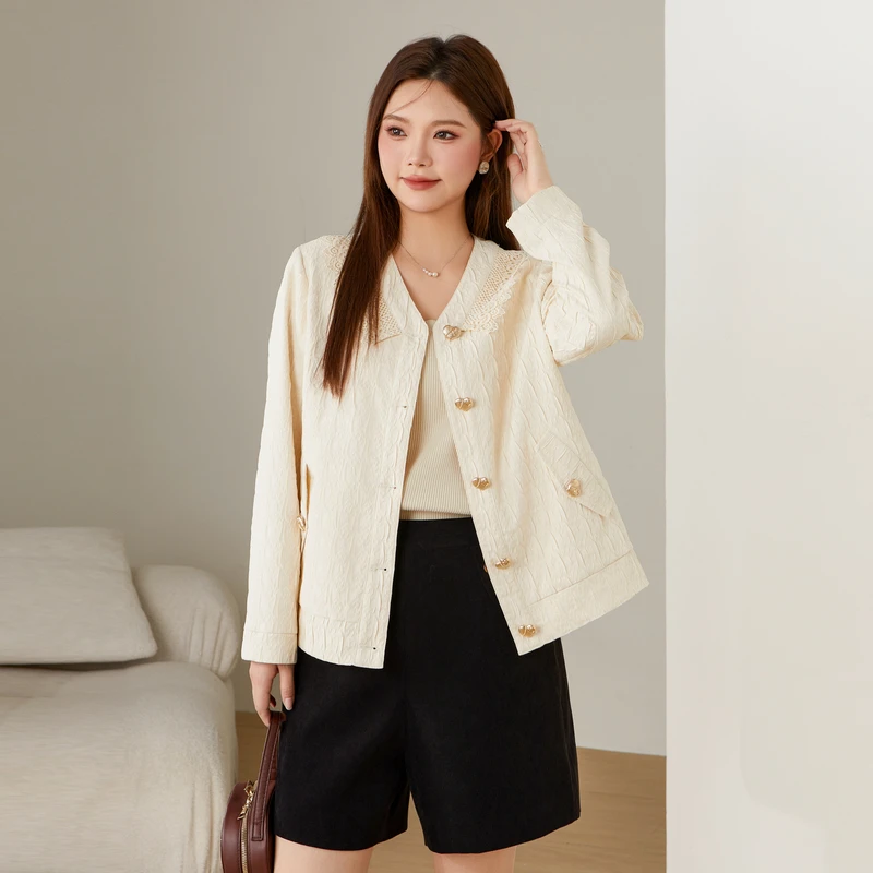 采多宝大码女装春秋设计款法式白色气质蕾丝V领薄外套 ECW2387