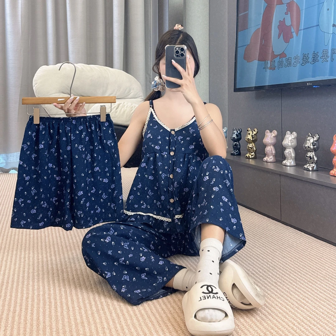 睡衣女夏季新款吊带薄款碎花休闲韩版宽松家居服套装-413（LJ ）