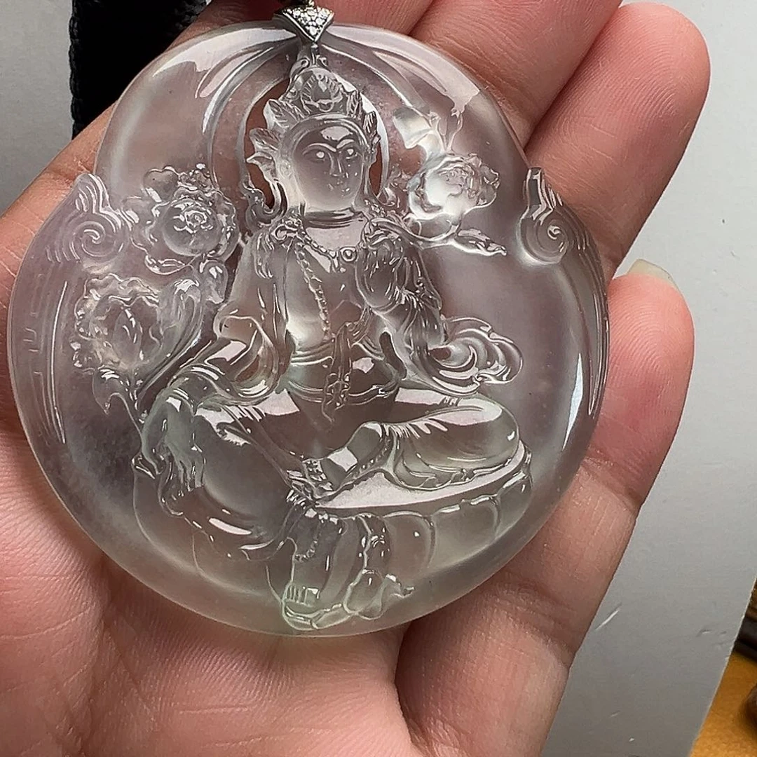 用***9翡翠18K金镶嵌颈饰高冰圆镯子心度母