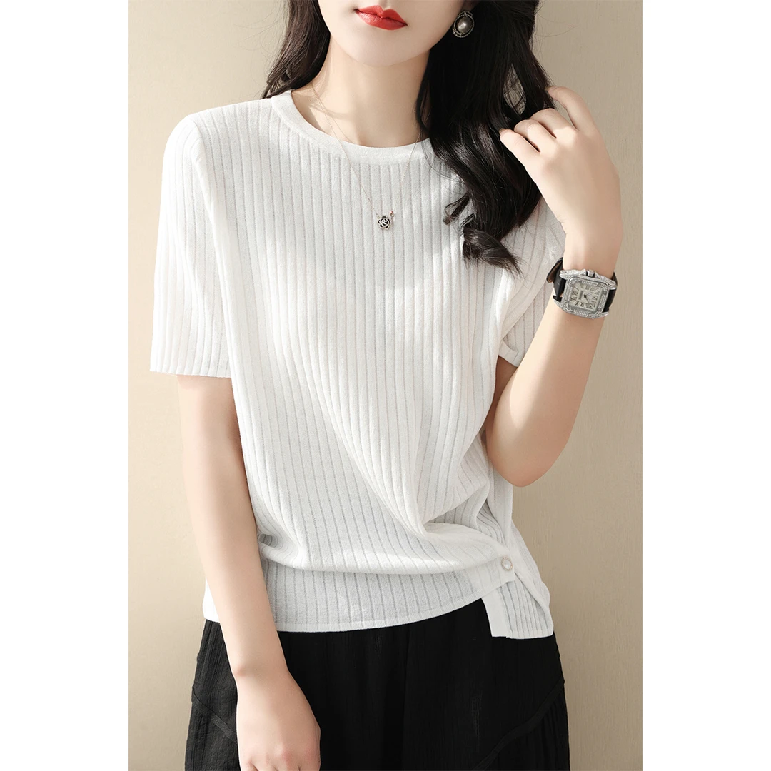 白色高级套头圆领针织衫女装春夏季宽松显瘦气质休闲短袖T恤上衣