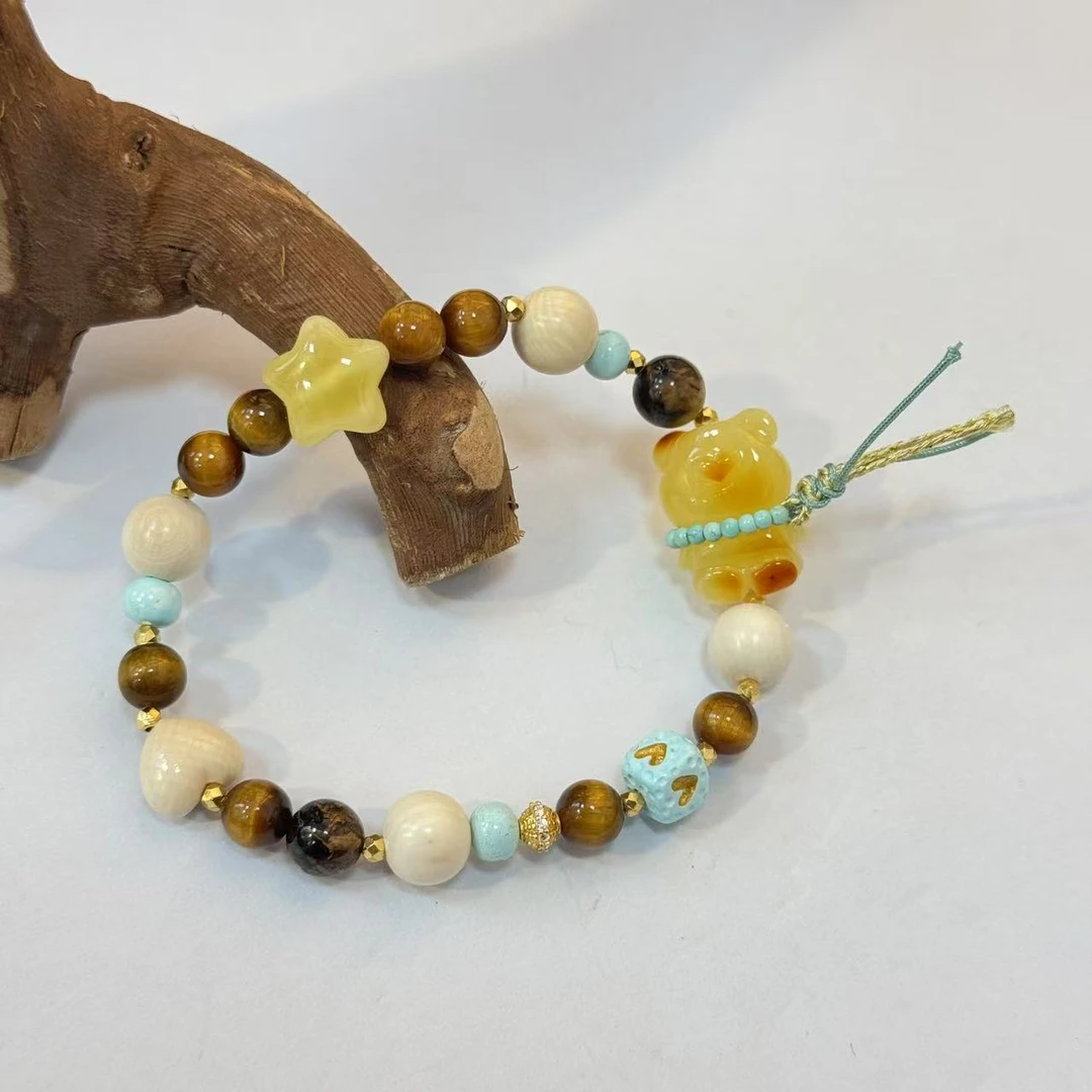 【景润】天然琥珀蜜蜡雕刻小熊虎眼单圈设计手串 多样性发其一