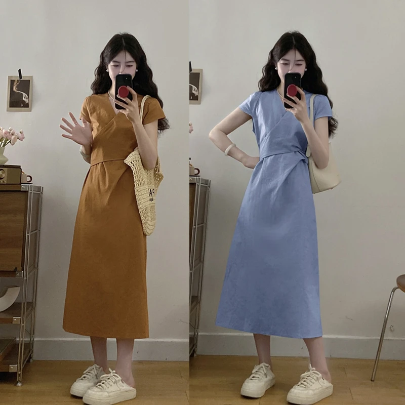 大码2025夏季新款法式简约复古收腰绑带短袖气质款显瘦洋气连衣裙