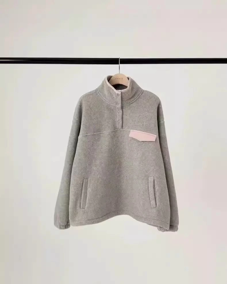 韩国东大门代购OUNCE2024冬款简约半系扣立领加绒休闲卫衣