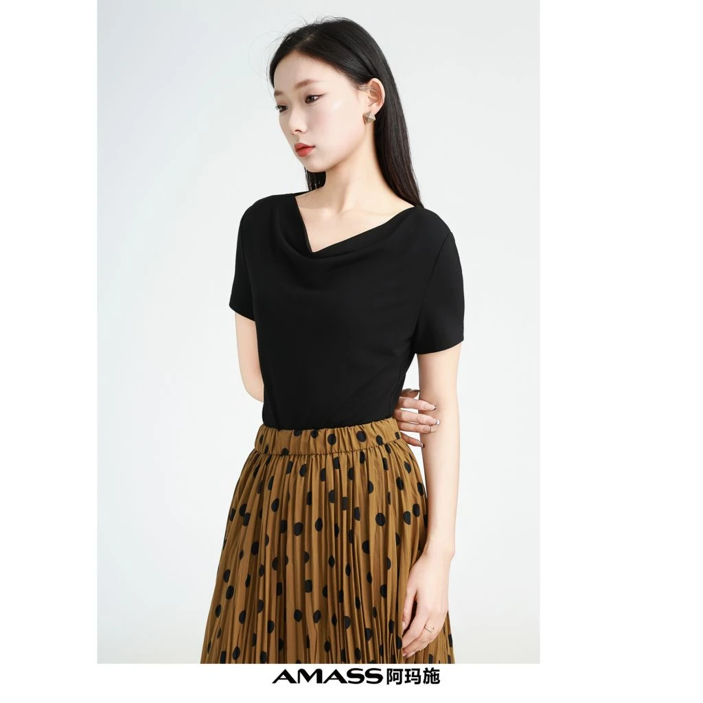 AMASS/阿玛施530064夏季新款时尚气质女士一字领显瘦休闲百搭短袖