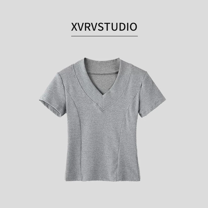 XVRV【夏上新】2025V领正肩运动T恤女纯色小众简约修身显瘦短上衣