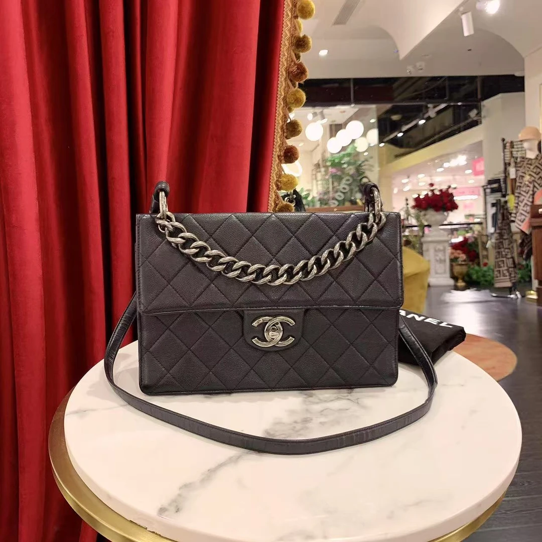 95新 Chanel/香奈儿 GGS香奈儿孟买邮差包黑银荔枝牛皮/27069629