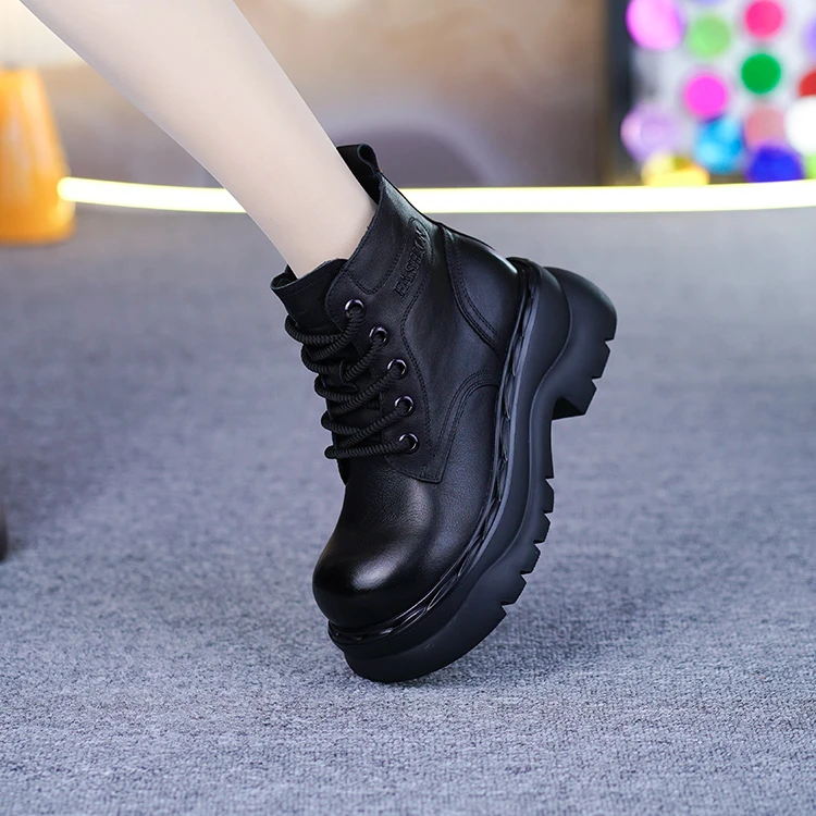 5319新款真皮短靴头层牛皮圆头粗跟厚底增高休闲百搭侧拉链马丁靴