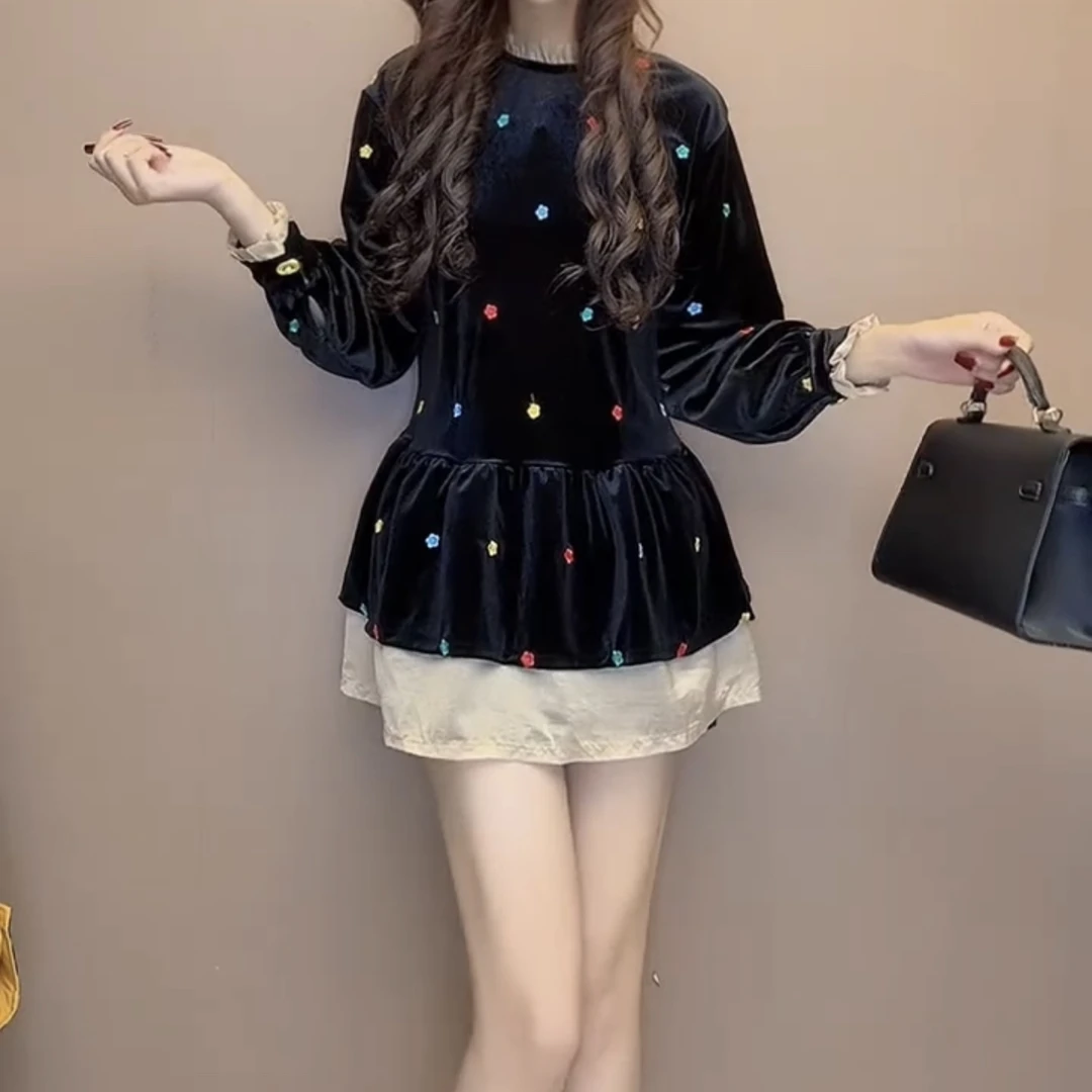 法式小众宽松拼接立领丝绒套头衬衫秋季新款百搭上衣