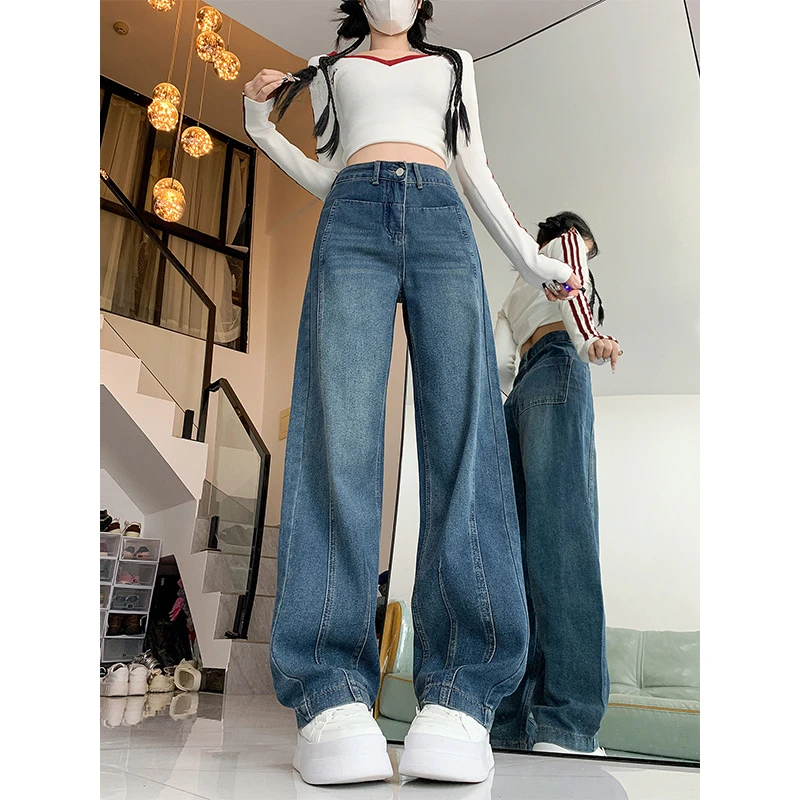 大码直筒牛仔裤女冬季胖mm宽松梨型身材弯刀裤香蕉裤窄版阔腿裤子