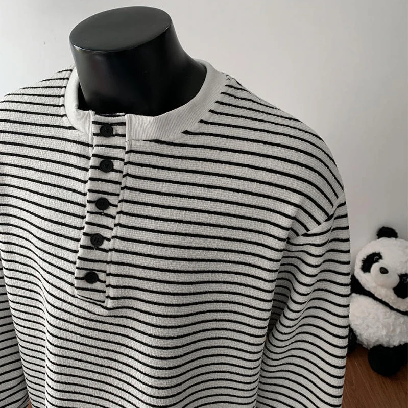 重磅450g亨利领条纹长袖卫衣男士秋季cleanfit穿搭青少年潮牌T恤