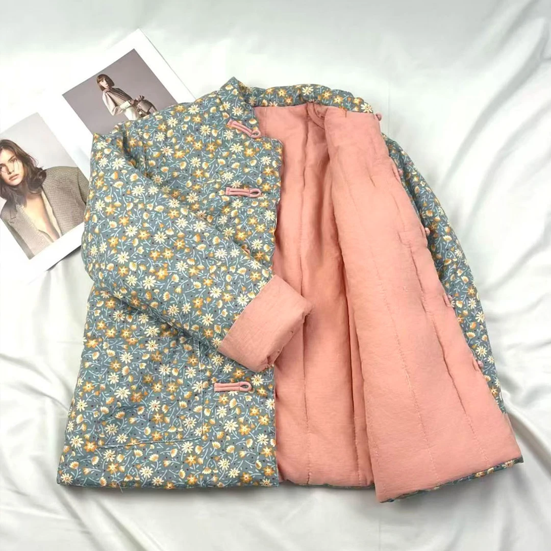 纯棉花手工棉衣立领宽松加厚保暖休闲棉服新中式碎花盘扣棉衣外套