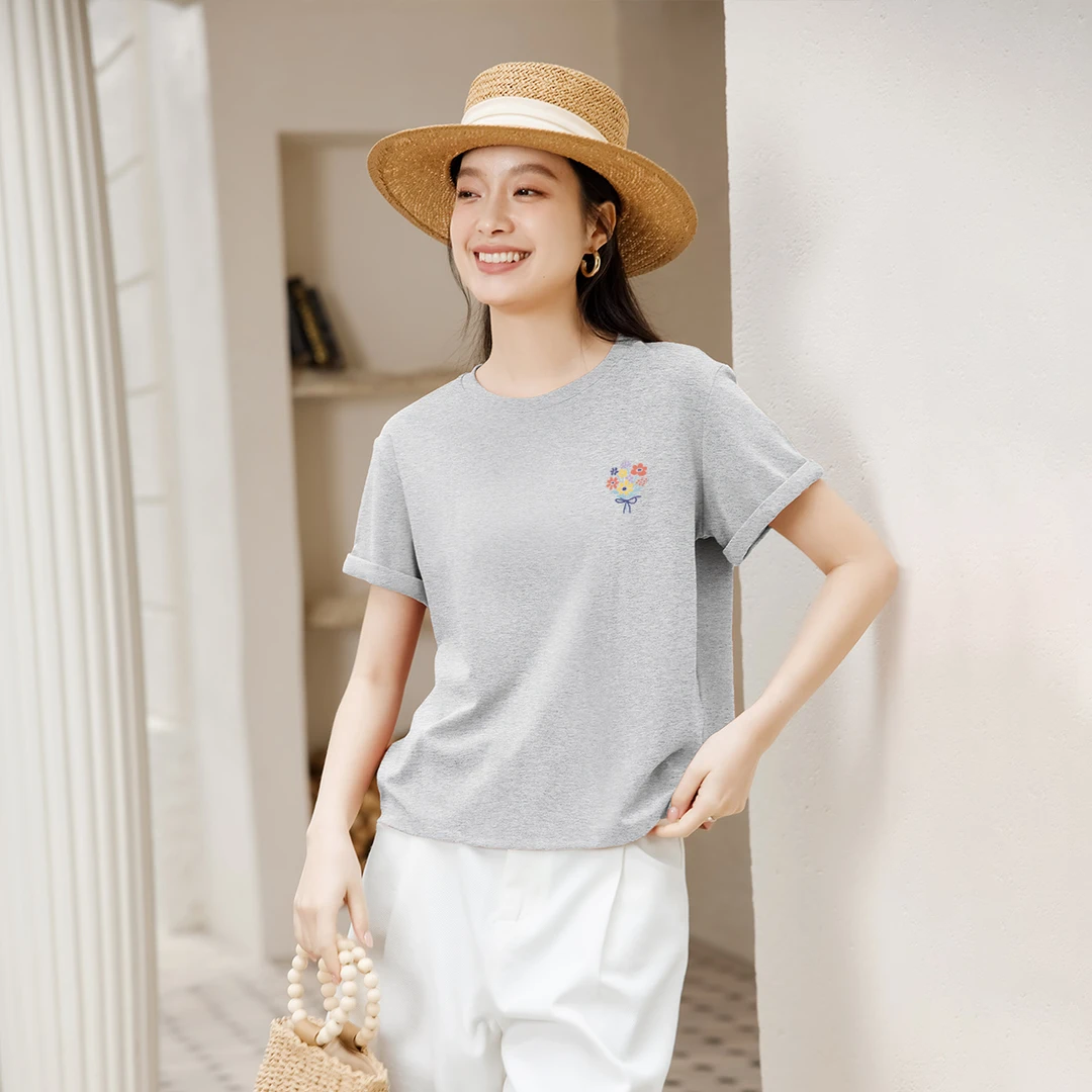 茵曼夏季凉感短袖t恤女100%纯棉舒适透气独特漂亮正肩圆领ins韩系