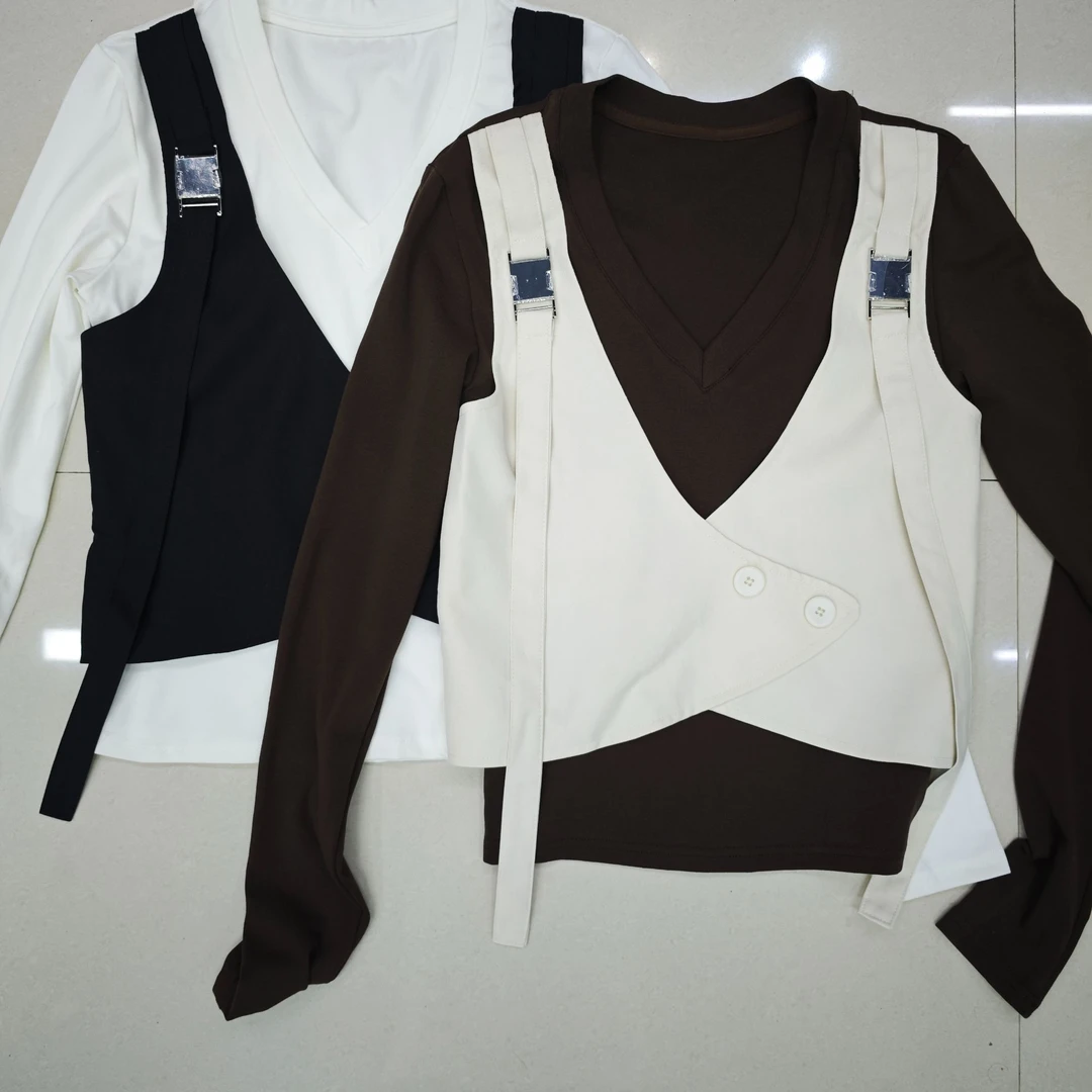 3689#女士新款假两件高级感上衣百搭修身显瘦长袖上衣T恤