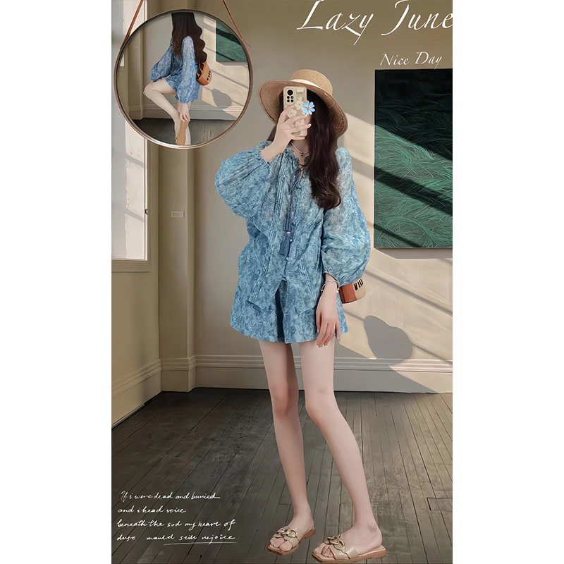 法式茶歇度假风蓝色碎花防晒套装女夏季新款遮肉显瘦雪纺上衣短裤
