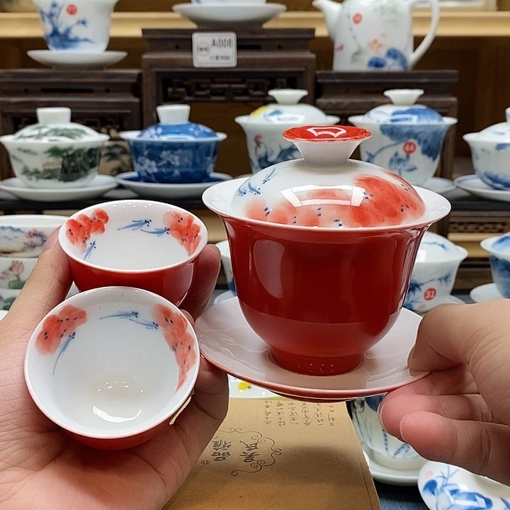 手绘龙船花盖碗160cc➕同款杯子两个装釉下彩微瑕福利款