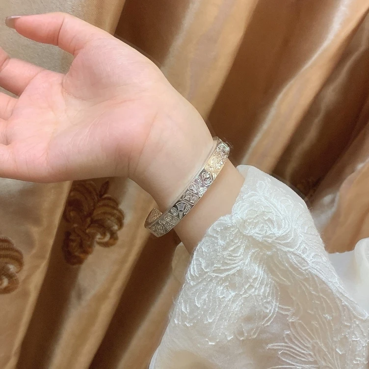 足银手镯 纯手工四面吉言足银999手镯开口钉沙锤纹情人节送女朋友