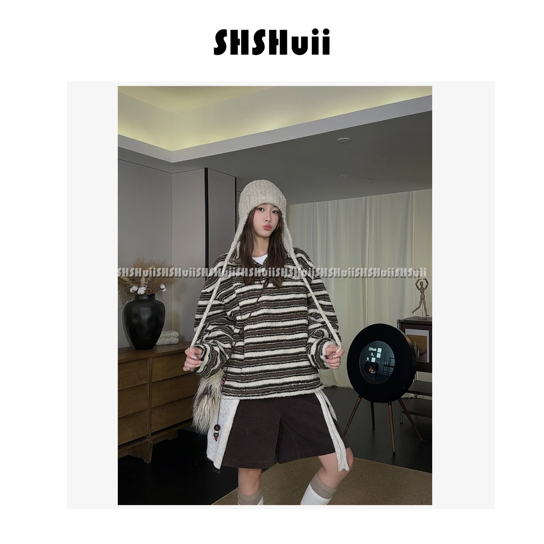 IN.SHuii【暖棕绒语】复古拼接条纹绒衫卫衣外套/fjffg