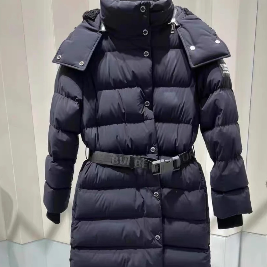 99新 BURBERRY/博柏利 蓝色长款连帽羽绒服/XL码/B02323