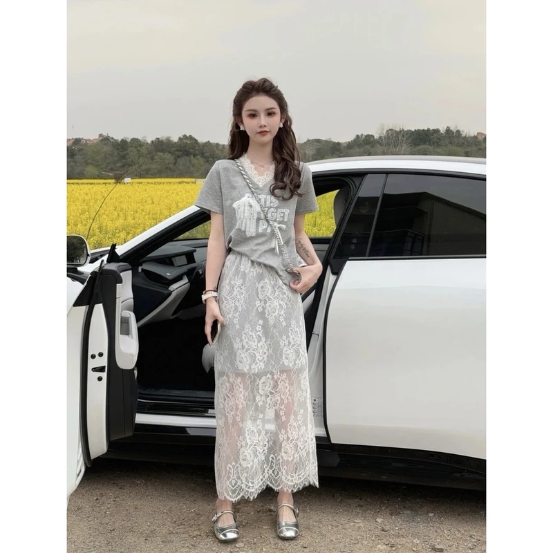 夏季简约名媛蝴蝶结设计V领短袖蕾丝拼接半身裙两件套