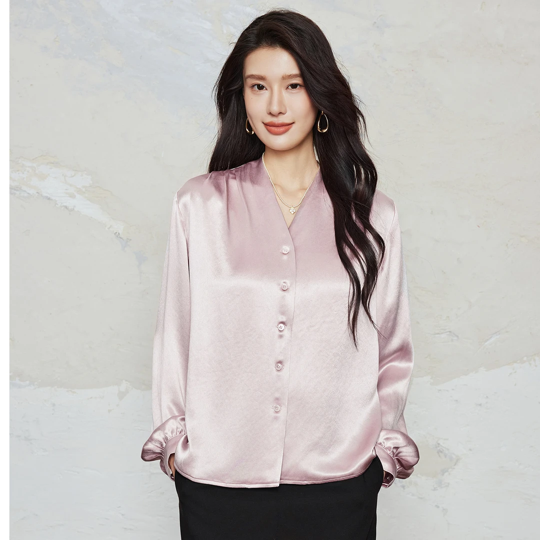 V领褶皱重磅醋酸轻奢高级感V领长袖法式百搭上衣