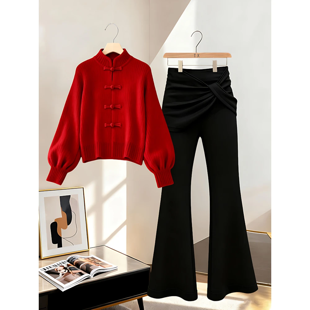 2025秋冬新中式红色立领盘扣粗线毛衣针织衫设计感微喇裤两件套女