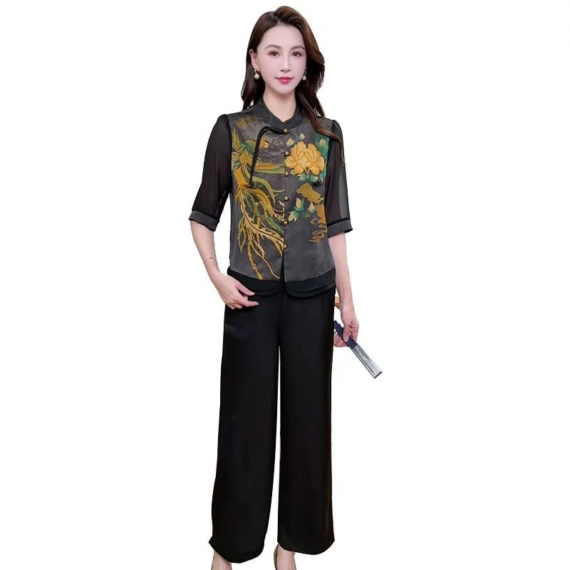 喜婆婆裤子套装中式阔腿裤盘扣复古