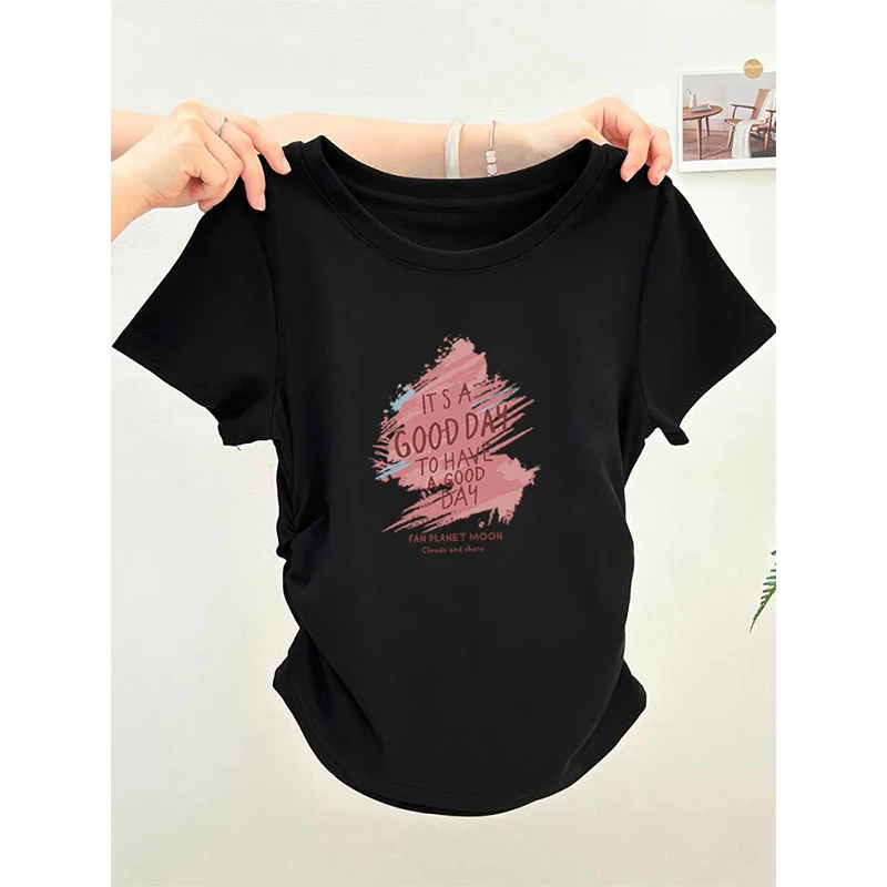 2025夏新款棉质正肩短袖t恤女设计感褶皱收腰百搭圆领黑色上衣潮