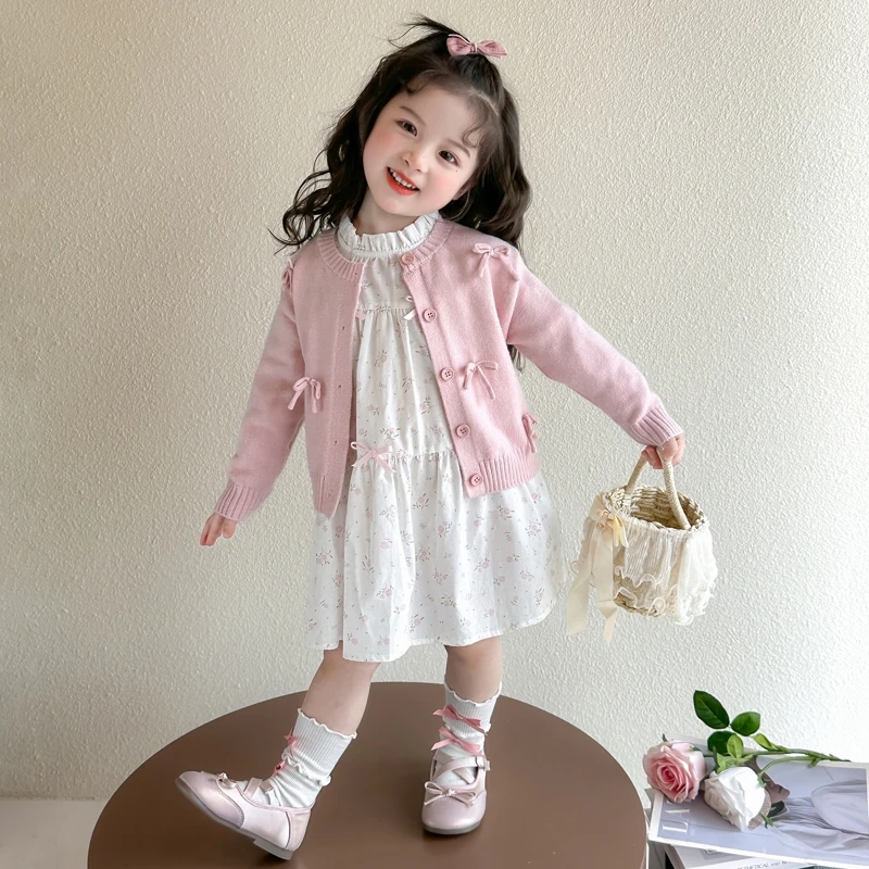 女童春秋季连衣裙2025新款女宝宝洋气碎花蓬蓬裙儿童甜美开衫套装