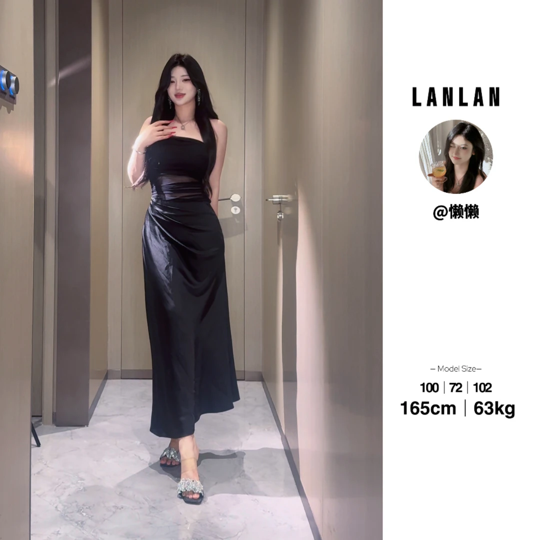 Lanlan-【珍珠港湾】黑色性感挂脖连衣裙小众显瘦收腰长裙气质法式