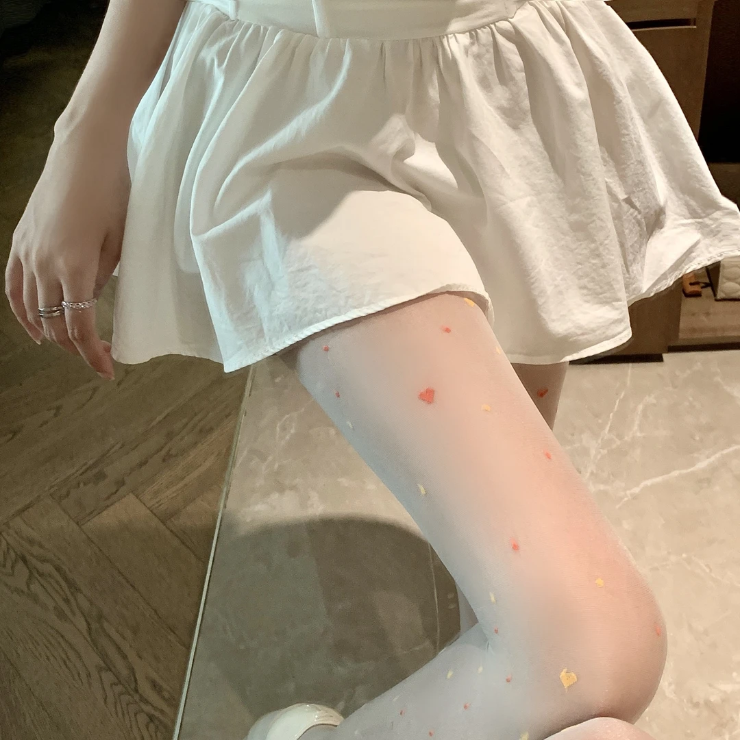 日系彩色爱心连裤袜纯欲白丝女夏季性感薄款黑丝包芯丝提花打底袜