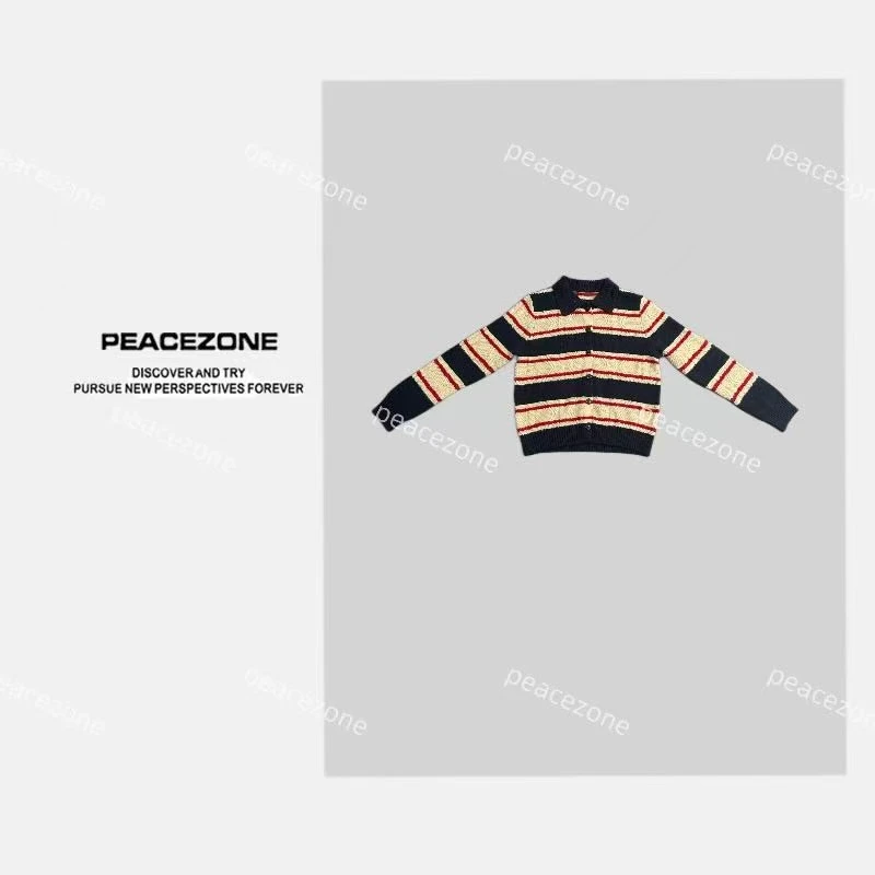 Peacezone 绵羊毛+山羊绒 秋冬新款单排扣条纹翻领毛衣/7346