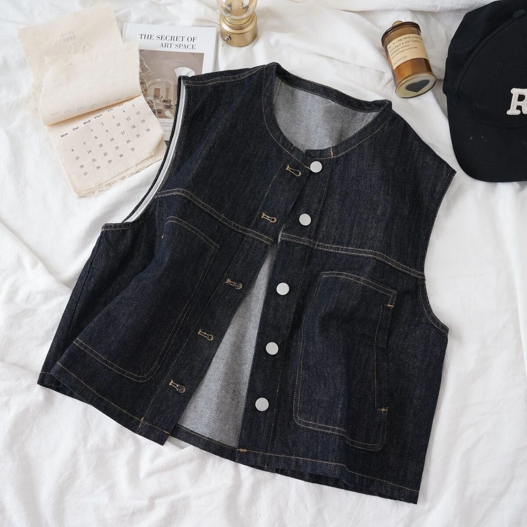 复古时髦深蓝牛仔马甲春夏新款坎肩背心外套圆领宽松休闲无袖短款