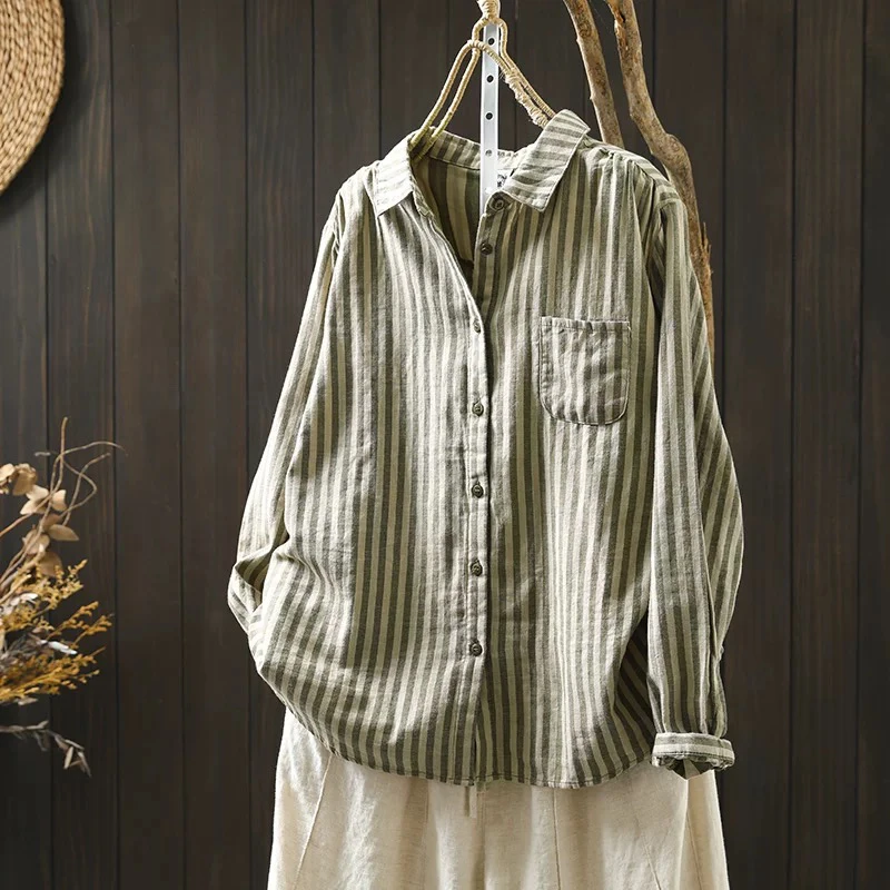 宽松简约休闲遮肉拼接小口袋长袖上衣双层棉纱绿色条纹排扣衬衫女